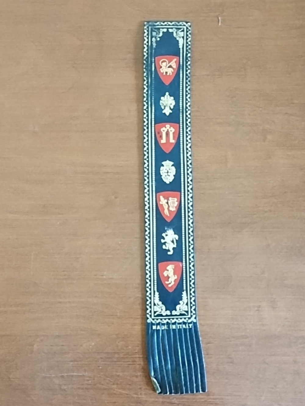 Vintage Italian Leather Bookmark Black Heraldic Gold Foil Stamped 9"